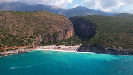 Idyllic-beach-on-remote-seaside-of-Mediterranean-in-Albania,-turquoise-water-of-Ionian-sea