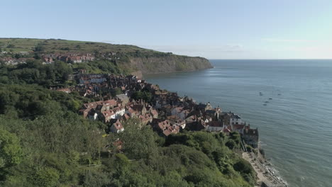 North-York-Moors,-Robin-Hoods-Bay,-RHB,-Clip-4,-Drone-Over-town-and-coast,-North-Yorkshire-Heritage-Coast,-Video,-3840x2160-25fps,-Prores-422