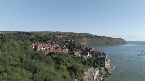 North-York-Moors,-Robin-Hoods-Bay,-RHB,-Clip-3,-Drone-Over-town-and-coast,-North-Yorkshire-Heritage-Coast,-Video,-3840x2160-25fps,-Prores-422