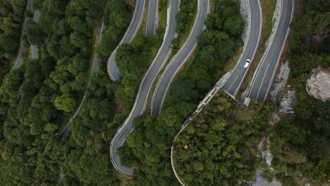 Aerial-drone-flight-above-the-scenic-mountain-serpentine-road-Plöckenpass-in-Italy-by-the-natural-Austrian-alps-in-summer-with-green-forest-trees-in-nature-and-travel-vacation-cars-on-the-street