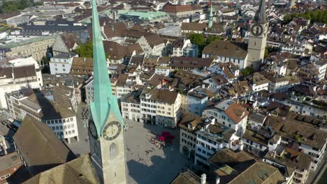 Aerial-View-Above-Fraumunster-Church-and-Plaza-in-Zurich's-District-1