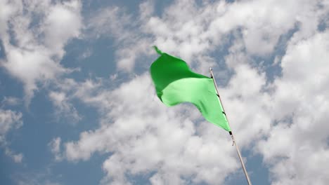 Bright-green-flag-waving-in-the-wind-on-a-clear-sunny-day--Close-up