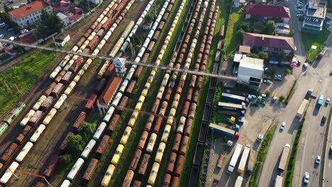 Aerial-View-Of-Abandoned-Train-Wagons-Used-As-Oil-Freighters-In-Batumi,-Georgia