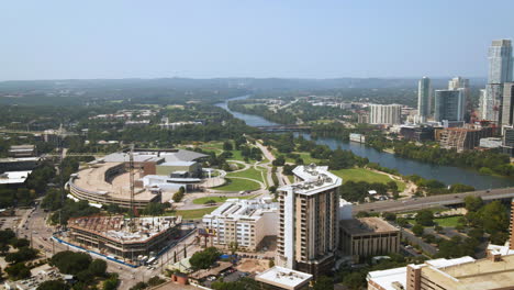 Downtown-aerial-view-Austin-Texas-south-of-Lady-Bird-Lake,-drone-4K