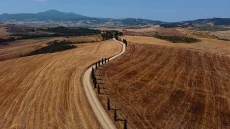 Iconic-movie-location-of-Gladiator-starring-Russell-Crowe-in-Val-d'Orcia-near-Siena,-Florence-and-Pienza-with-an-avenue-of-cypress-trees-leading-up-to-a-farm-with-harvested-wheat-crop-fields-on-hills