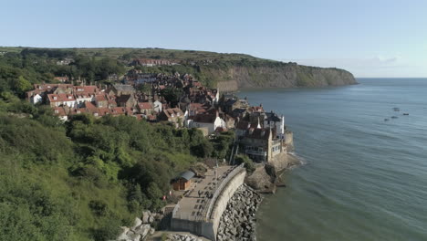 North-York-Moors,-Robin-Hoods-Bay,-RHB,-Clip-2,-Drone-Over-town-and-coast,-North-Yorkshire-Heritage-Coast,-Video,-3840x2160-25fps,-Prores-422