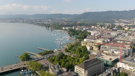 High-Aerial-View-of-Beautiful-Lake-Zurich-in-Switzerland's-Largest-City