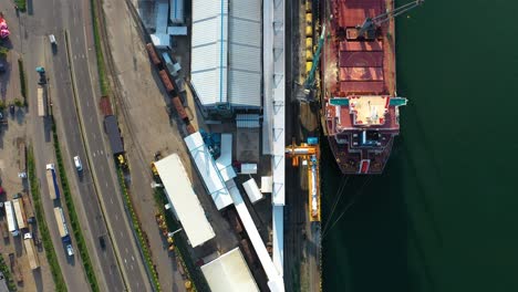 Bird's-Eye-View-Of-Geared-Container-Vessel-Moored-At-Batumi-Seaport-In-Adjara,-Georgia