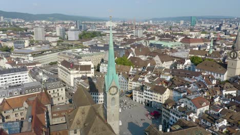 Aerial-Orbiting-Shot-Above-Fraumunster-Church-in-Zurich,-Switzerland