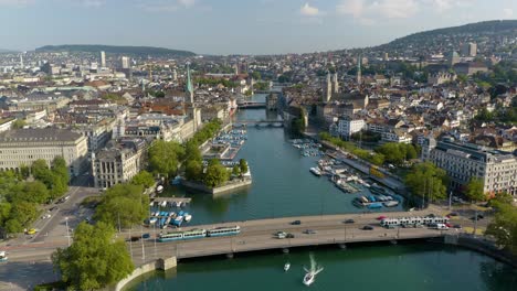 Aerial-Flight-Above-the-Limmat-River-in-Downtown-Zurich