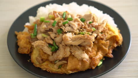 Gebratenes-Schweinefleisch-Mit-Knoblauch-Und-Ei-Auf-Reis---Asiatische-Küche