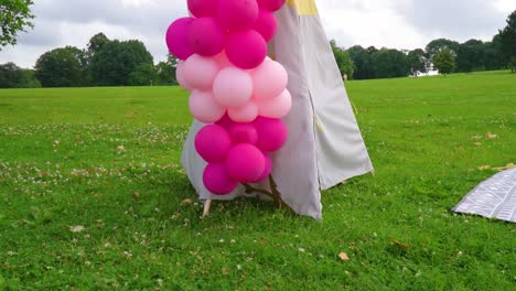 tent-with-pink-ballons-as-a-decoration-for-outdoor-picnic-in-nature-with-a-giant-tree-in-the-backround-smooth-slow-motion
