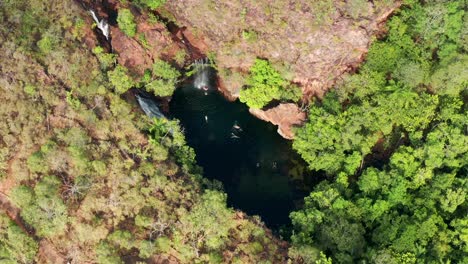 Vista-De-Personas-Nadando-En-La-Piscina-De-Inmersión-De-Las-Cataratas-De-Florencia-En-El-Parque-Nacional-Litchfield,-Territorio-Del-Norte,-Australia