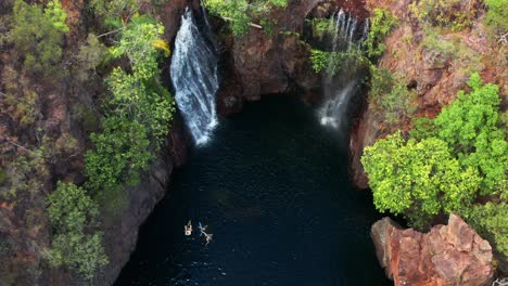 Vacationist-Swims-At-Florence-Falls-In-Litchfield-National-Park,-Northern-Territory,-Australia