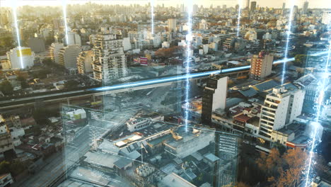 Aerial-shot-over-digital-modern-city-with-high-tech-data-communication-in-sunset---Flight-over-Buenos-Aires-with-driving-speed-train-with-connection-lines