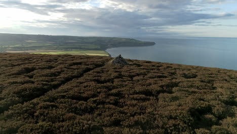 North-York-Moors,-Stoupe-Brow,-Robin-Hoods-Bay,-Burial-Mounds,-Clip-1,-Drone-Flight,-North-Yorkshire-Heritage-Coast,-3840x2160-25fps,-Prores-422