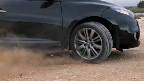 Slow-motion-of-a-car-wheel-drifting-on-a-dirty-road