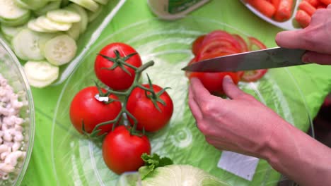 Ripe-red-tomato-being-sliced-in-wide-camera-shot-during-barbecue-backyard-party-by-married-women’s-hands-with-wedding-ring,-and-cucumbers-pasta-salad-and-other-fixings