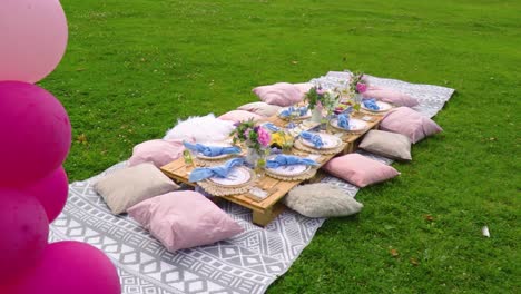 cute-outdoor-picnic-for-children-pink-and-blue-colors-comfortable-pillows-in-nature-park-grass-revealing-wide-shot-slow-motion