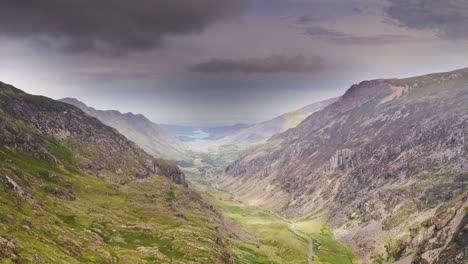 Epic-cinematic-view-of-the-valleys-and-mountain-ridges-of-Snowdonia-National-Park---Smooth-and-slow-dolly-in-effect-over-this-surreal-mountain-terrain-in-Wales