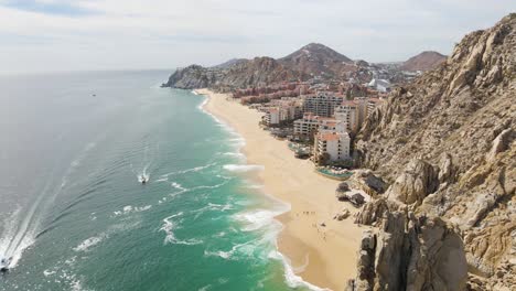 Aerial:-Cabo-San-Lucas-beachfront-hotels,-popular-Mexico-tourist-destination