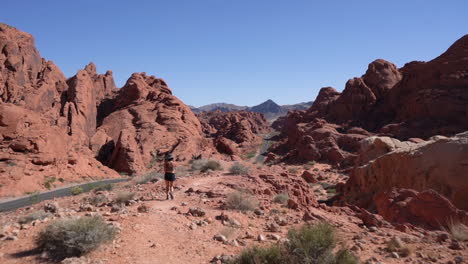 Back-of-Woman-Walking-by-the-Road-in-Red-Sandstone-Rock-Landscape-of-Valley-of-Fire,-Nevada-USA,-Full-Frame-Slow-Motion