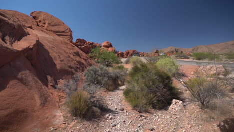 Walking-by-Red-Rock-Sandstone-Formations-and-Bushes,-Valley-of-Fire-State-Park,-Nevada-USA,-POV,-Full-Frame
