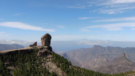 Flight-around-Roque-Nublo,-a-volcanic-rock-in-caldera-of-Tejeda,-Gran-Canaria,-Canary-islands,-Spain