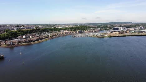 Aerial-Panorama-View-Of-Cardiff-Bay-On-Sunny-Day