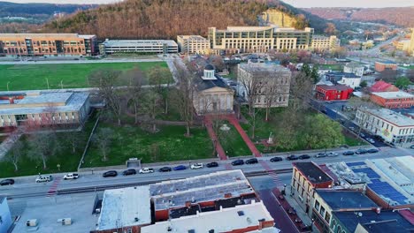 Cars-Lined-Up-in-Front-of-Old-State-Capitol-Building-in-Downtown-Frankfort-Kentucky,-Aerial-Drone-Tilt-Downward-Shot