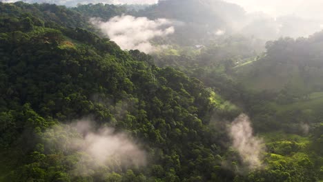 Aerial-view-of-misty-green-forest-in-Central-American-jungles,-Honduras