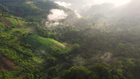 Cinematic-Aerial-view-of-misty-green-forest-in-Central-American-jungles,-Honduras