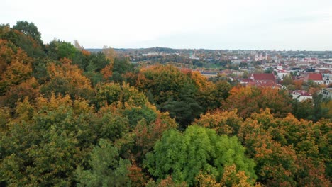 AERIAL:-Reveal-Shot-of-Vilnius-City-Panorama-in-Autumn-with-Dull-Sky-in-Background