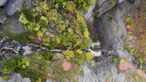 Bird's-Eye-View-of-Bridal-Veil-Falls-Waterfalls-Provo-Canyon-in-Utah,-Aerial-Drone-Top-Down-Shot