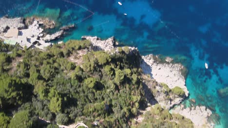 Aerial-overhead-view-of-Capri-coastline-and-homes,-Italy-from-drone-in-summer