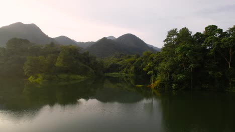 Filmischer-Luftblick-über-Grünen-Walddschungel-Mit-Lagune-Und-Reflexion-Von-Bäumen-Am-Sommertag-In-Honduras,-Mittelamerika