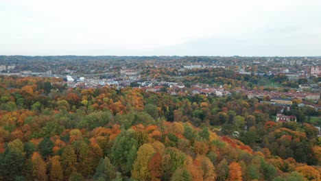 AERIAL:-Vilnius-City-Panorama-in-Autumn-Forest-Trees-with-Dull-Sky-in-Background
