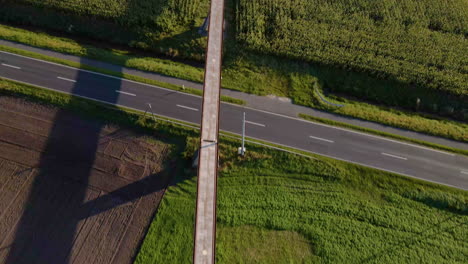 Top-View-Of-Elevated-Emsland-Transrapid-Test-Track-Between-Lush-Fields-Near-Lathen-In-Emsland,-Germany