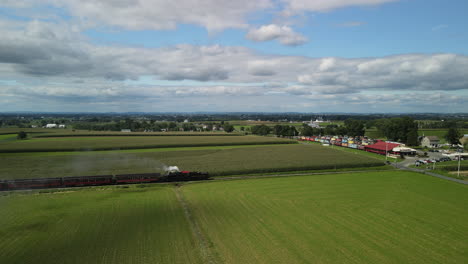 Steam-engine-pulling-train-cars-through-countryside