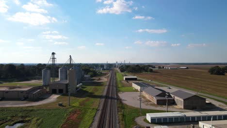 4K-video-of-a-drone-flying-over-silos-on-a-feed-mill-on-a-Kentucky-farm-next-to-a-railroad-track,-USA