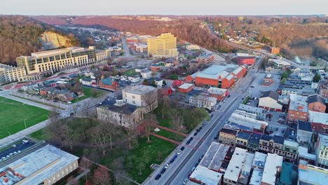 Blue-Hour-Aerial-Drone-Shot-of-Downtown-Frankfort-in-Kentucky,-Flying-Upward