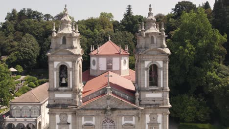 Close-up-of-Church-bell-towers,-Sanctuary-of-Bom-Jesus-do-Monte,-Braga