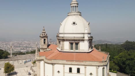 Sameiro-Sanctuary-Dome,-Catholic-Church,-Braga,-Portugal,-drone-close-up