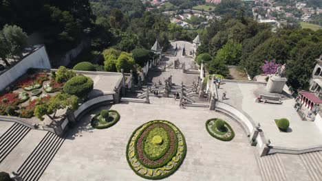 Aerial-top-down-circling-over-stairway-of-Bom-Jesus-do-Monte-Sanctuary-in-Braga,-Portugal