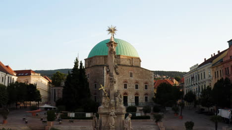 Pasha-Qasim-Mosque-In-Pecs,-Hungary,-Europe---aerial-drone-shot