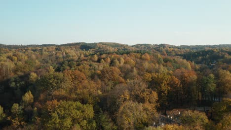 AERIAL:-Autumn-Season-with-Forest-on-a-Hill-and-Clear-Blue-Sky-in-Background