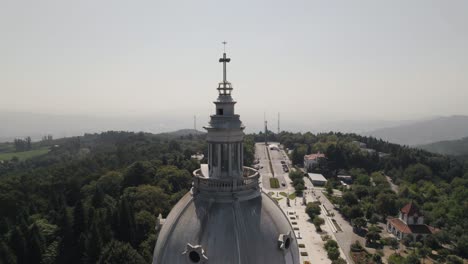 Aerial-orbit-around-dome-of-Sanctuary-of-Our-Lady-of-Sameiro-in-Braga,-Portugal