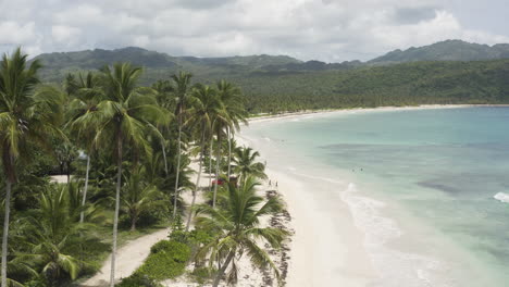 Tropical-Beach-Playa-Rincon-In-Dominican-Republic-With-Palm-Trees-And-Amazing-Sea---aerial-drone-shot