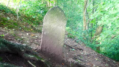 Stone-tombstone-mile-marker-on-top-of-woodland-forest-hillside-slope-at-sunrise