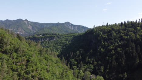 Aerial-pan-up-at-Borjomi-Central-Park-over-thick-green-forest-and-mountain-range-on-a-clear-blue-day